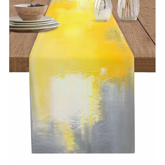Ldtrchee Yellow Gray Table Runner 36 Inches, Contemporary Oil Painted Abstract Art Bed Runner Dresser Scarves Tabletop for Indoor Outdoor Parties/Ceremony/Banquet, 13"x 36"