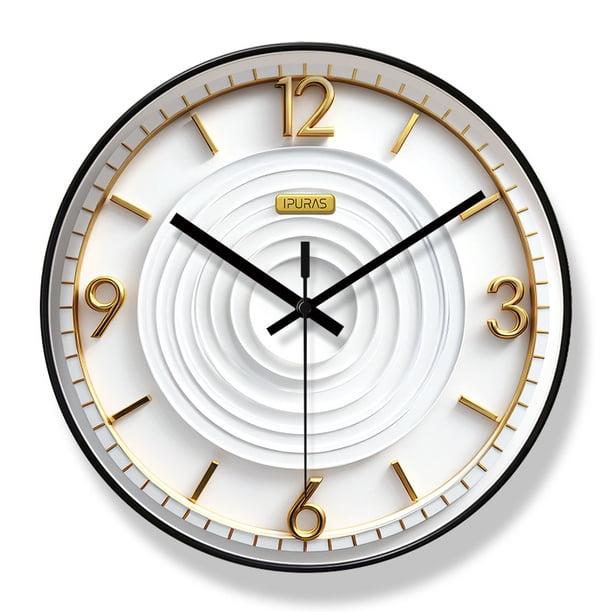 Reloj de pared de lujo nórdico de 30 cm, blanco silencioso y dorado