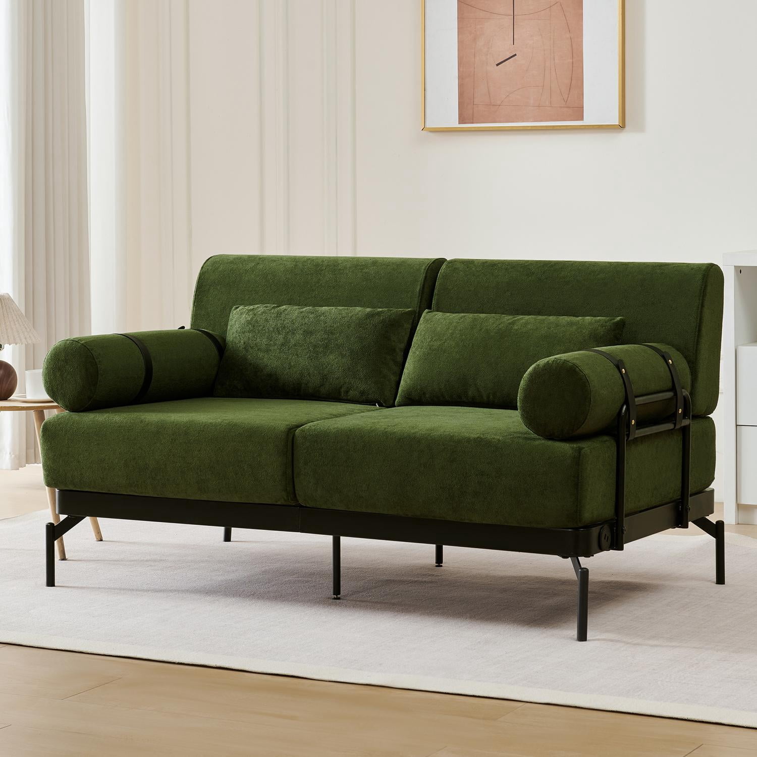 59" Loveseat Sofa with USB Ports,Modern Sofa Couch 2-Seater Sofa with 2 Pillows,Cylindrical Armrests for Living Room Bedroom Apartment,Green