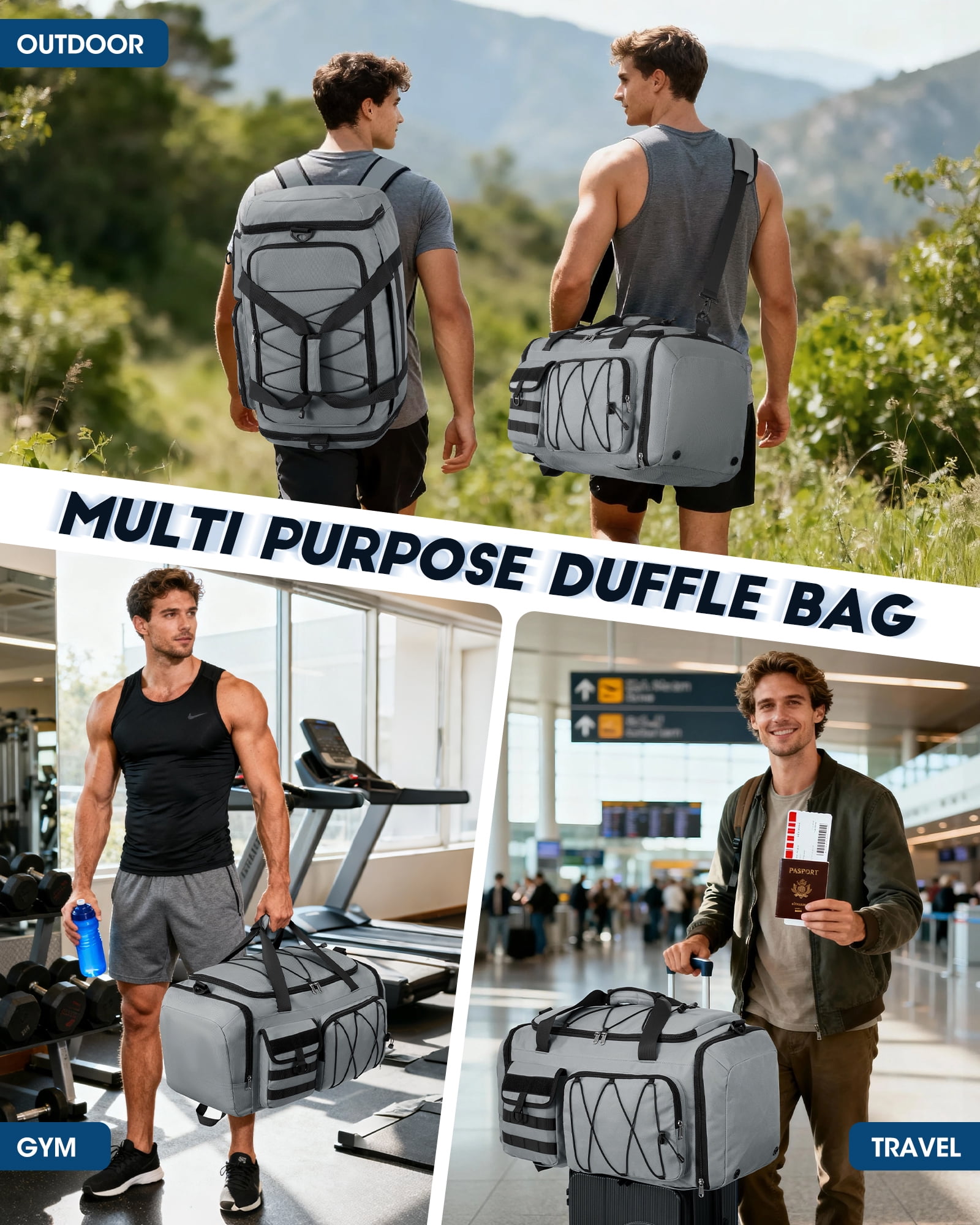 Gym Bag for Men 45L Sports Duffel Bags 3-in-1 Travel Duffel Bag with Shoe Compartment,Gym Workout Backpack Weekender Bag Overnight Bag for Travel, Grey