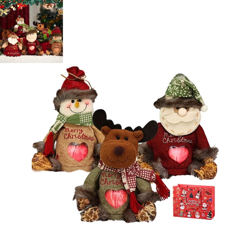 Christmas Gift Bags Zipper Design 3D Holiday Treat Pouches Cute Santa Snowman Reindeer Designs with Clear Heart Window for Party Favors Gift(3Pcs)