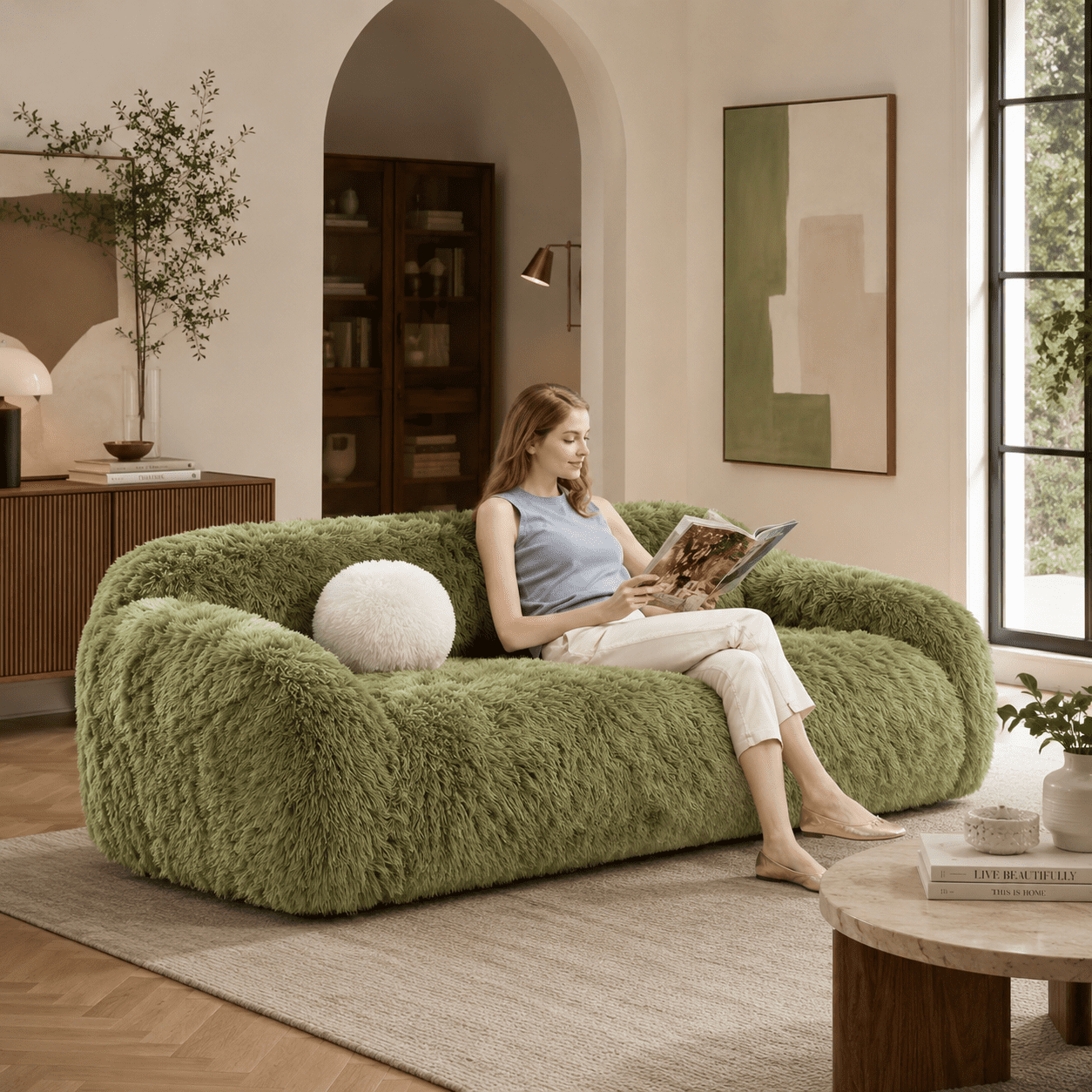 Aenkyo 84 Inch Plush Faux Fur Sofa, 25 Inch Deep Seat 3-Seater Couch with Ball Pillow, Green