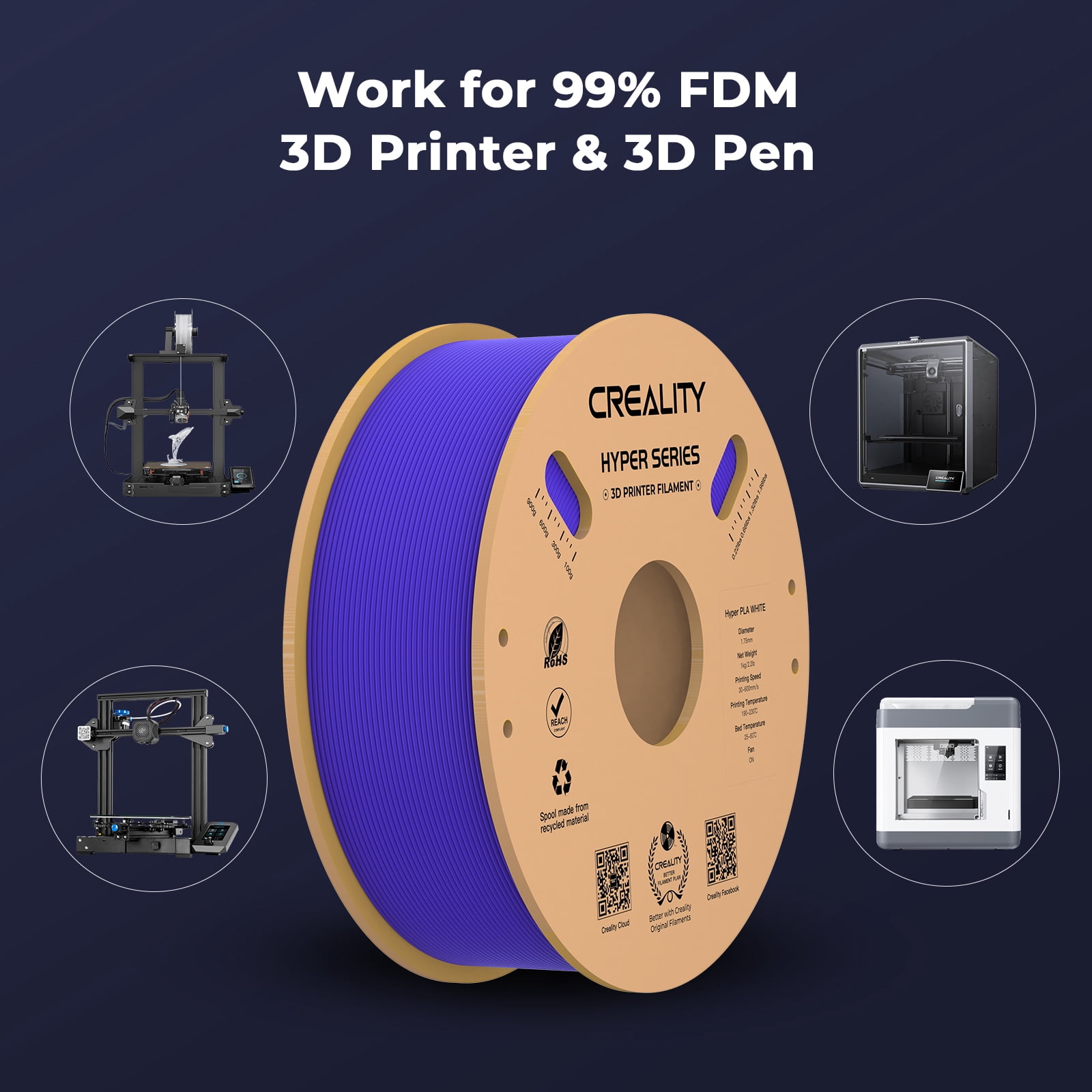 Creality Hyper PLA Filament 3D Printer Filament 600mm/s Higher Toughness High-Speed Printing Dimensional Accuracy +/- 0.03mm 1kg(2.2lbs) Compatible with Most 3D Printers, Complexion