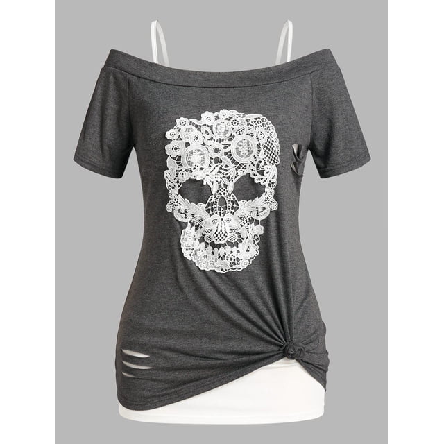 Top de Talla Extra de Ganchillo de Cráneo con Nudo de Calavera Rosegal Camisetas tallas grandes