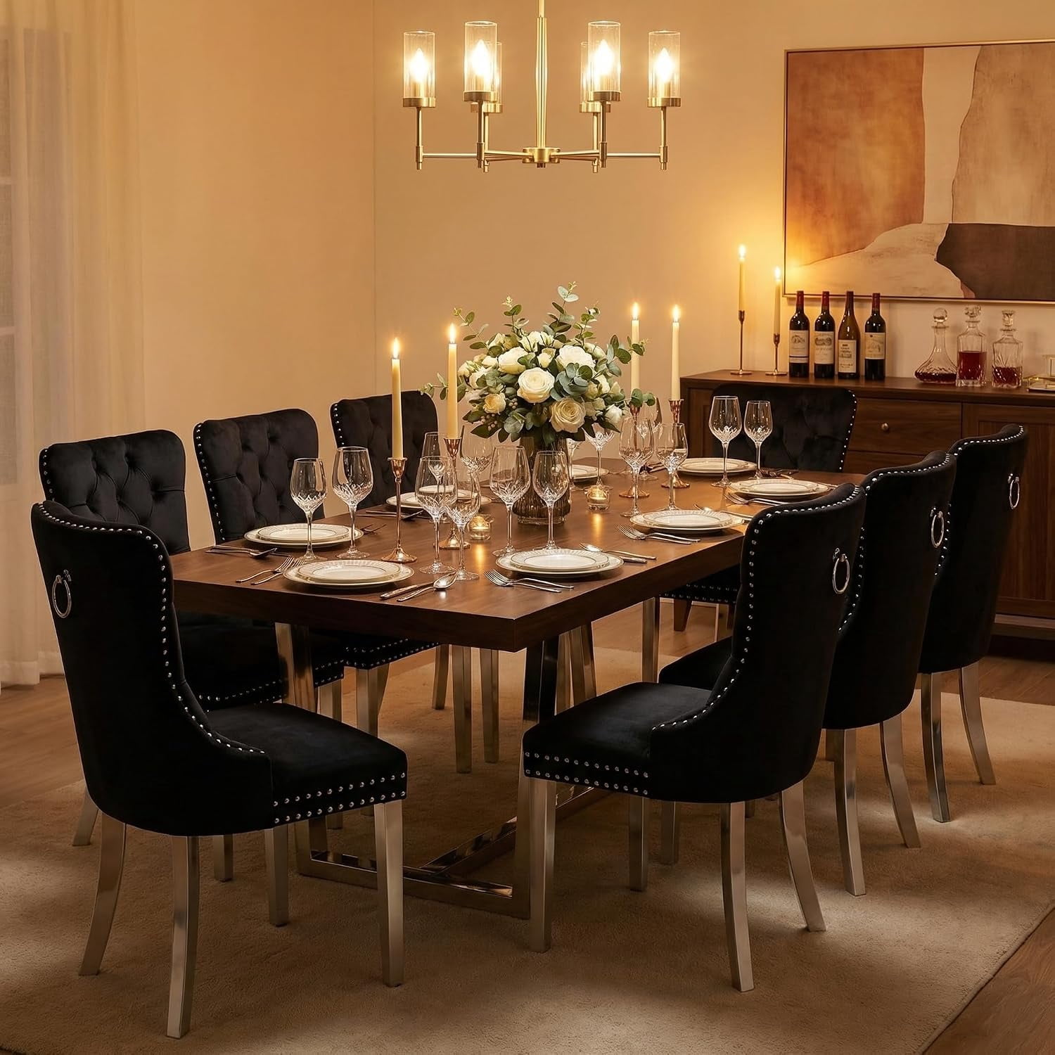 Collection Tufted Velvet Dining Chair, Nailhead Trim, Solid Wood Legs, Set of 2