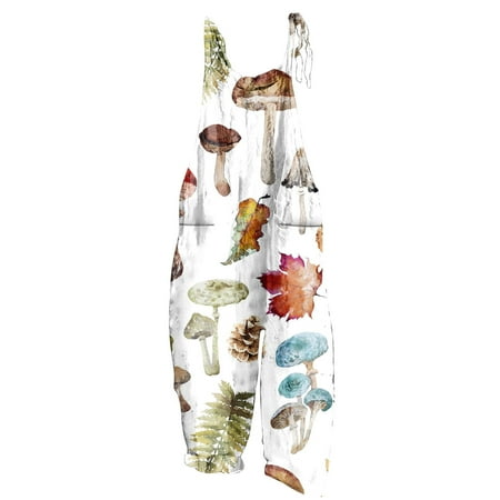 safuny Women s Jumpsuit Overalls Baggy Pocket Wide Leg Pants Romper Sleeveless Scoop Neck Trousers Casual Bandage Adjust Trendy Girls Teen Mushroom Printed Cotton Linen Light Blue XL