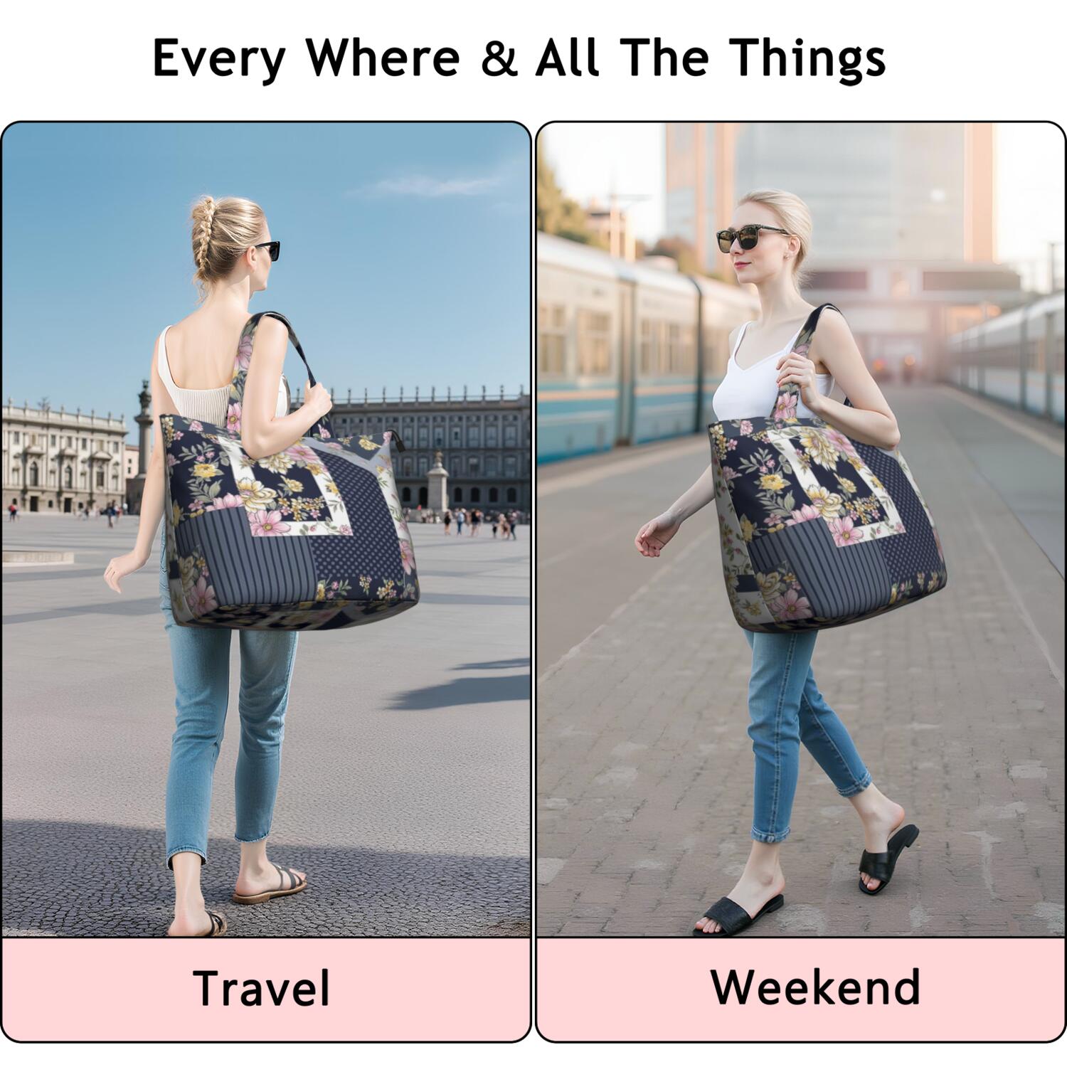 Pioneer Flower Floral Print Pattern Travel Tote Bags for Women Carry On,Large Weekender Bags for Women Travel,Multi Functional Duffle Bag for Work,Shopping,Sports