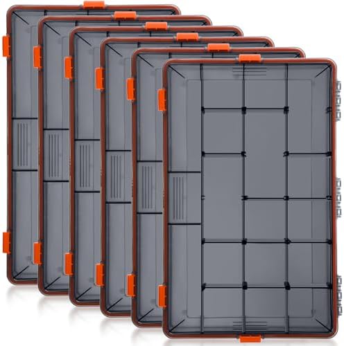 Voylla 6 Pack Fishing Tackle Boxes Waterproof 3600 and 3700 Tackle Trays with Removable Dividers Plastic Storage Organizer Bait Vault Camouflage Box for Freshwater Saltwater (Orange,3700)