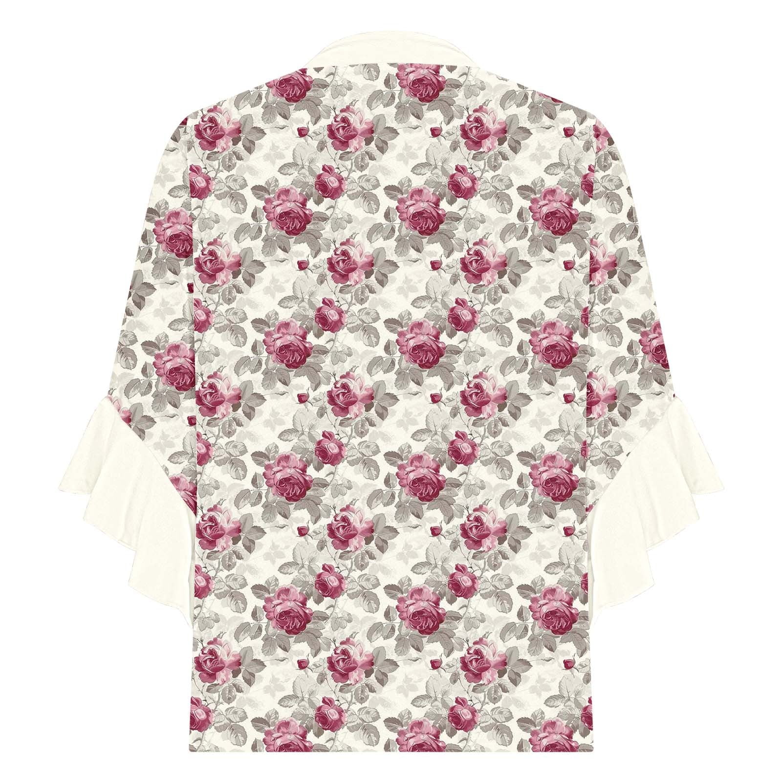 Women Boho Floral Print Blouses with 3/4 Flowy Ruffle Sleeves V Neck Half Button Down Shirt for Summer Beach Vacations