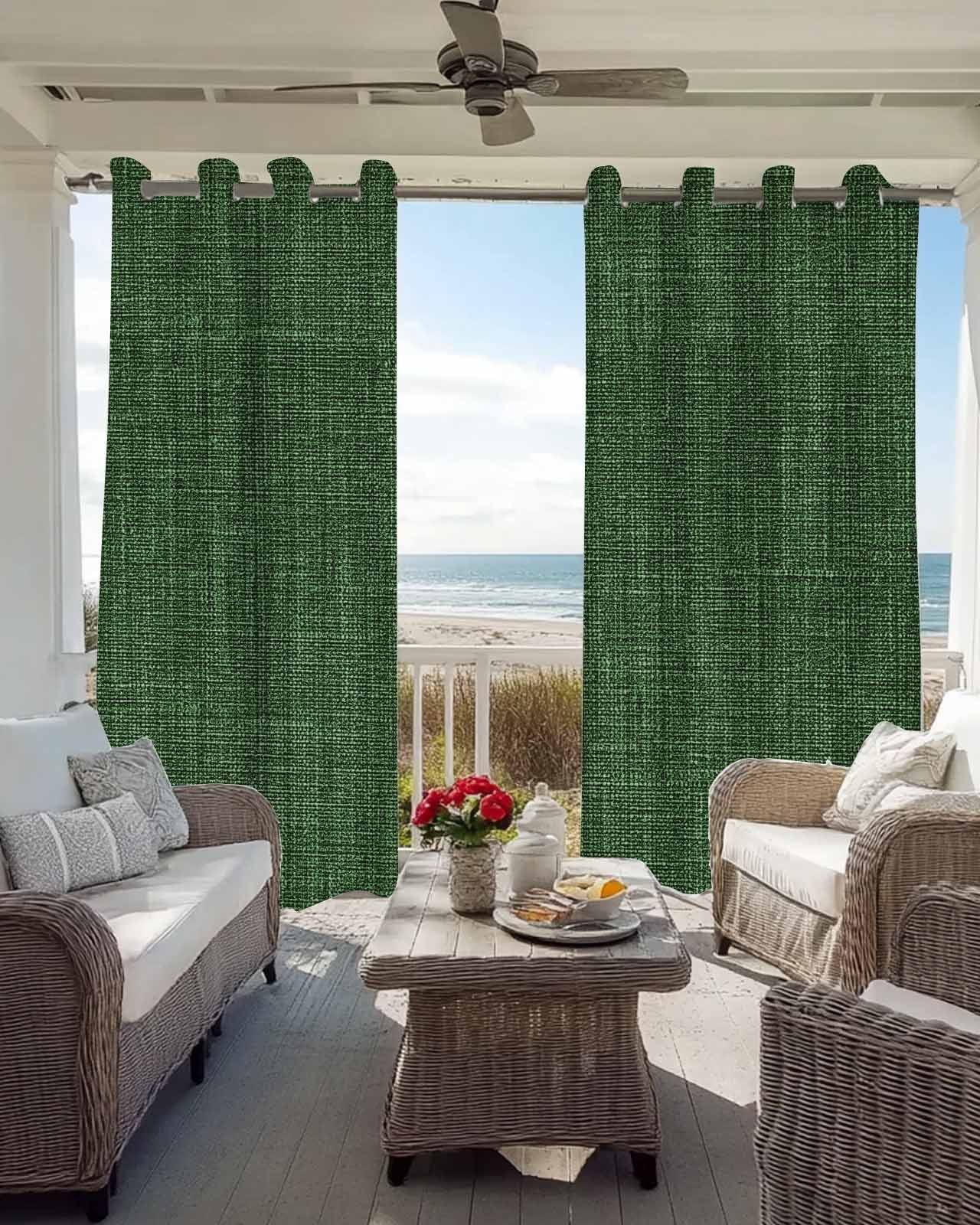 Dark Green Burlap Texture Blackout Curtains 63 Inches Long, Farmhouse Vintage Green 2 Panels, Thermal Insulated Room Darkening Drapes with Grommets, 52W x 63L Each Panel