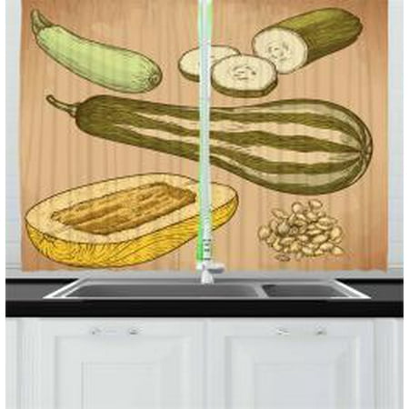 Vegetable Art Curtains 2 Panels Set, Retro Recipe Squash Zucchini Slices Best Chef Cuisine of the Day Illustration, Window Drapes for Living Room Bedroom, 55W X 39L Inches, Multicolor, by