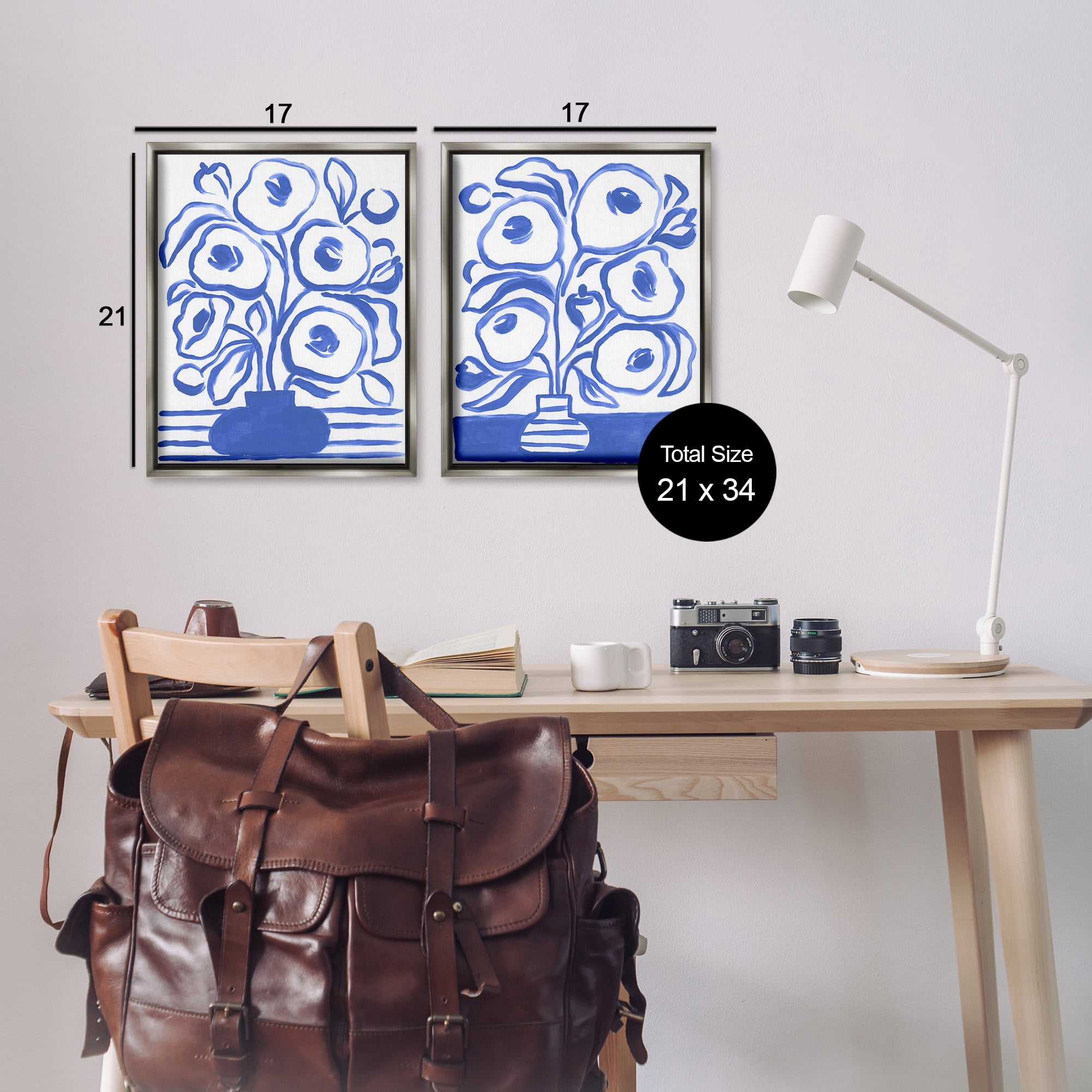 Stupell Industries Modern Blue Floral Vase Plants & Flowers Painting Gray Floater Framed Canvas Art Print Wall Art, 17 x 21, Set of 2