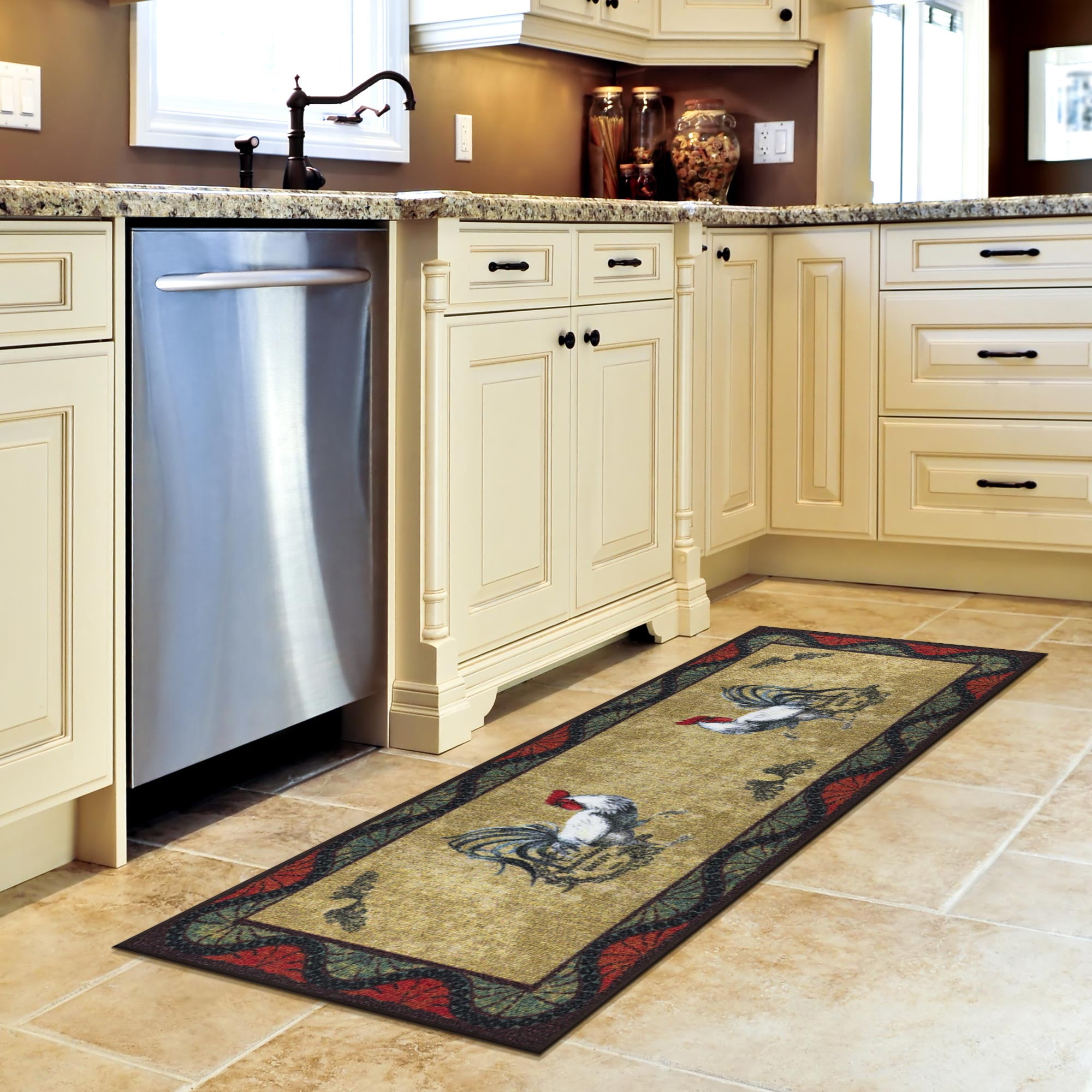Ottomanson Machine Washable Non-Slip Rubberback Rooster 2x5 Kitchen Runner Rug, 20" x 59", Beige Wavy