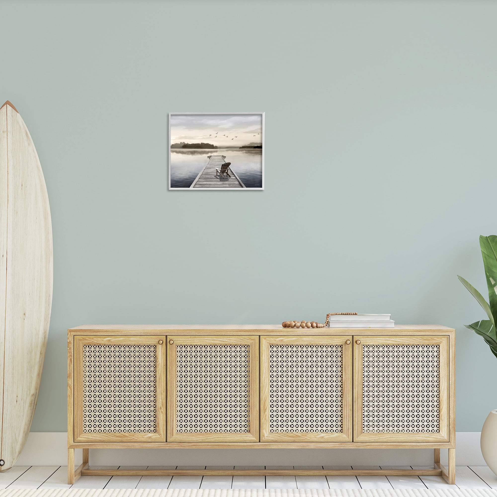 Stupell Industries Beach Chair on Dock Landscape Painting White Framed Art Print Wall Art, 20 x 16