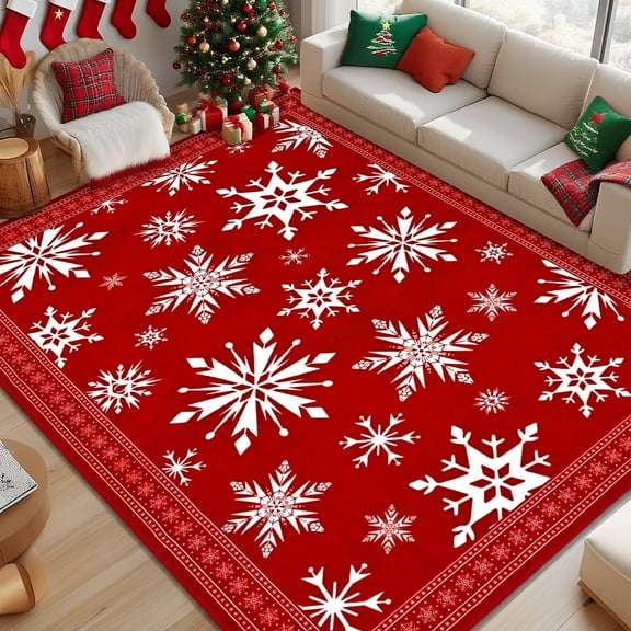 Bleum Cade Christmas Snowflake 5'x7' Area Rugs for Living Room,Red Washable Rugs for Bedroom Dinning Room,Soft Low Pile Rug,Non Slip Durable Large Carpet for Christmas Decorations