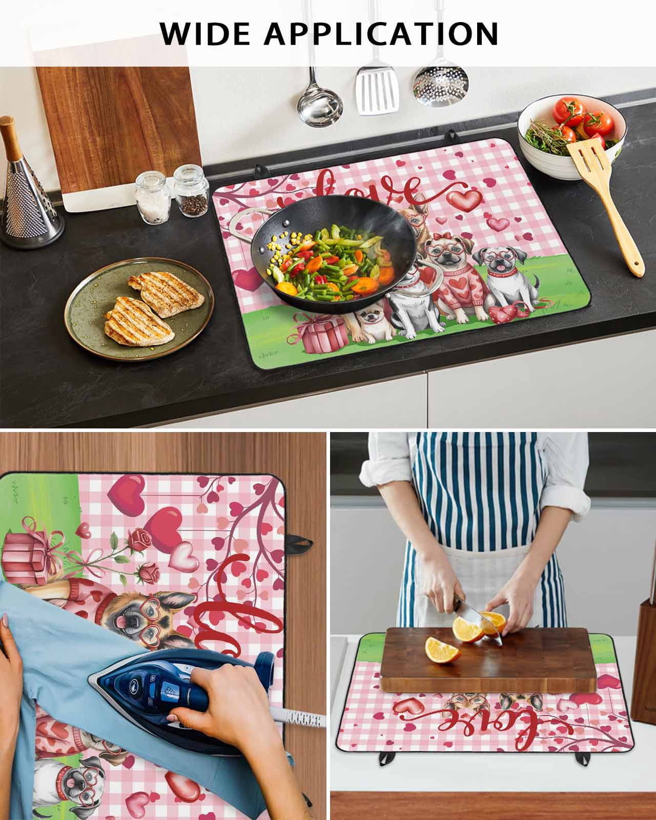 Large Induction Cooktop Protector Mat Valentine's Day Stove Top Covers for Electric Stove, Funny Dogs Love Roses Spring Pink Plaid Decorative Stove Burner Cover Mats, Glass Top Stove Cover
