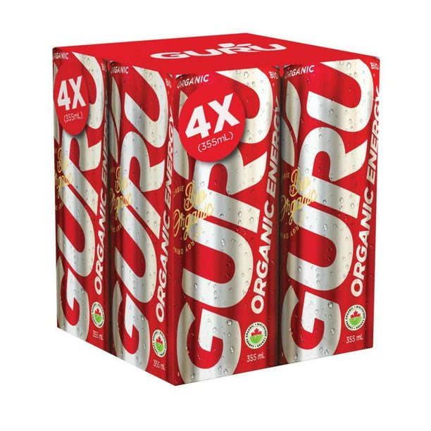 GURU Organic Energy Drink, Natural and Healthy Energy Beverage, 355mL Can, 4 Pack, 355mL Can/ 4
