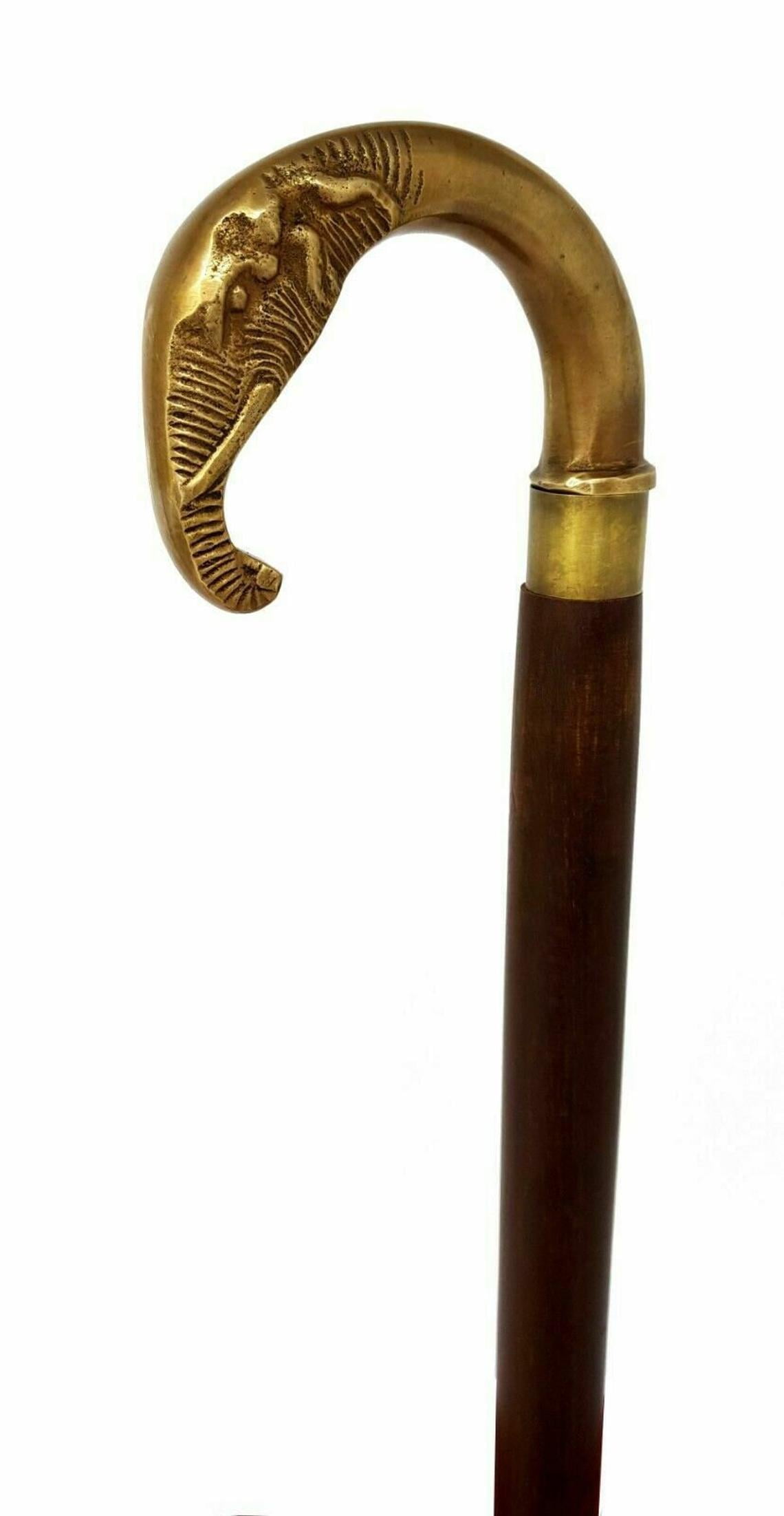 Vintage Solid Brass Elephant Head Handle Antique Style Wooden Walking Stick Cane 