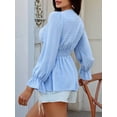 thumbnail image 4 of Women'S Wrap V Neck Puff Long Sleeve Blouse Top Puff Sleeve Ruffle Hem Casual Spring Summer T-Shirt Top Blue M, 4 of 8