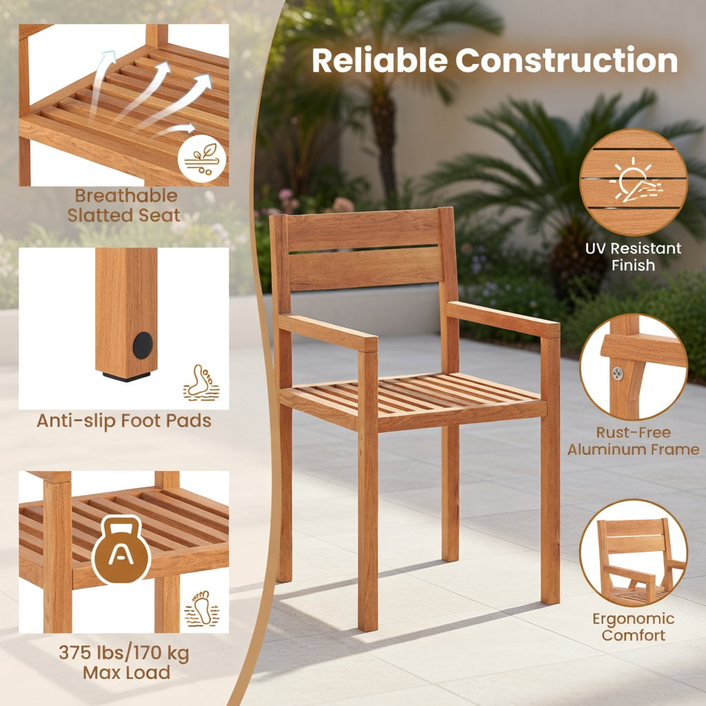 Hommoo Premium Teak Wood Outdoor Dining Armchair for Patio, Backyard, Poolside, with Ergonomic Armrests & Inclined Backrest, Natural