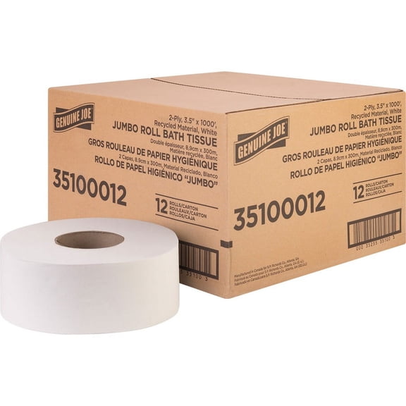 Genuine Joe Jumbo Jr Dispenser Bath Tissue Roll - 2 Ply - 3.50" x 100 ft - 8.88" Roll Diameter - White - Fiber - Sewer-safe, Septic Safe - For Bathroom - 12 / Carton | Bundle of 5 Cartons