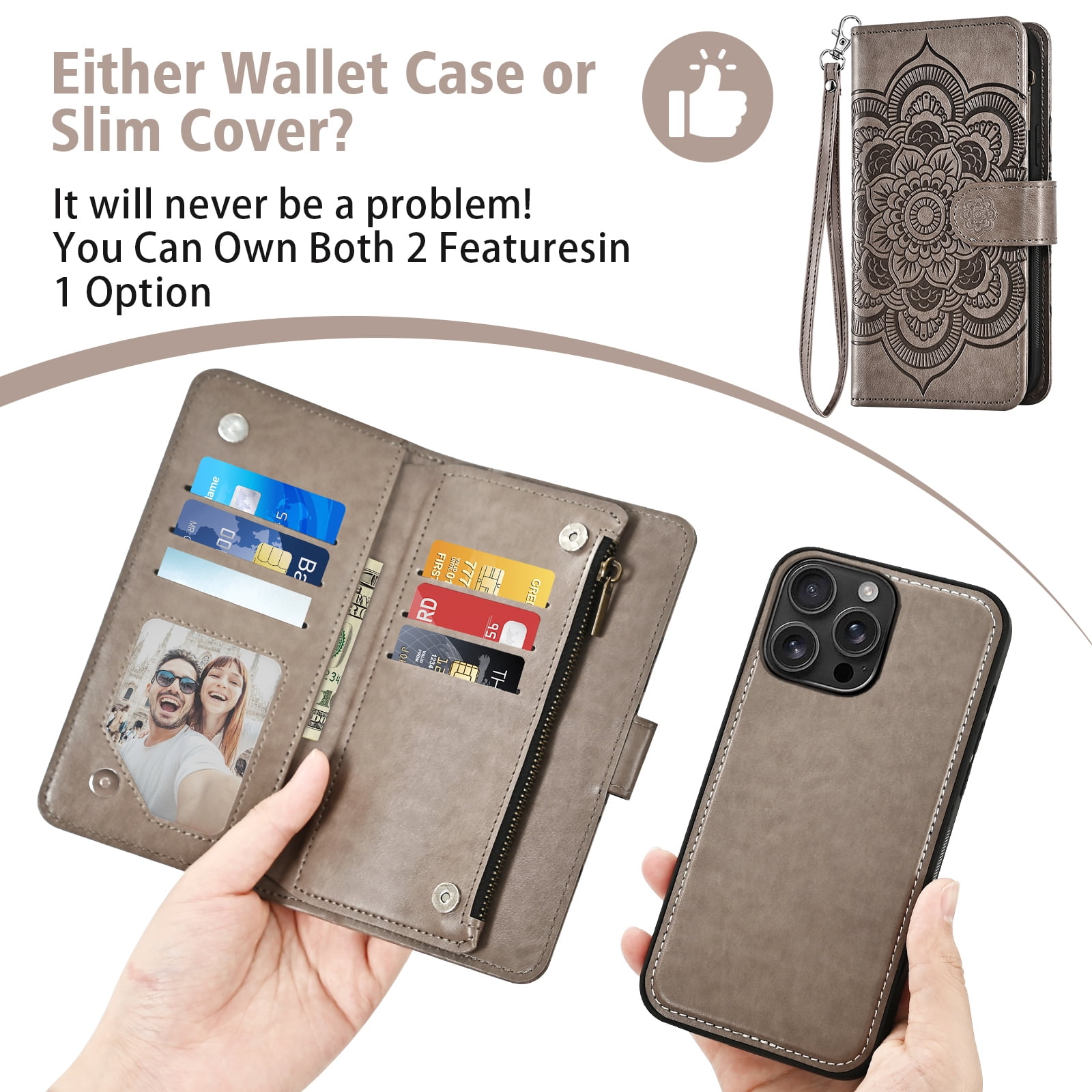 Phone Case for iPhone 16 Pro Max 6.9 inch Zipper Wallet Magnetic Detachable Cell Cover with Tempered Glass Screen Protector Crossbody Strap Flower Card Holder Slot i16 ProMax 16ProMax Women Grey