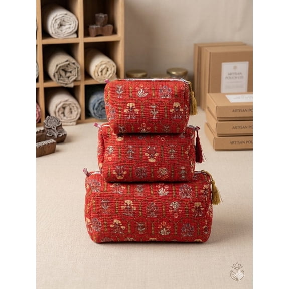 Red Floral Quilted Cosmetic Bag Set for Women,Makeup Organizer Pouches, Travel Toiletry Storage Zipper Bags