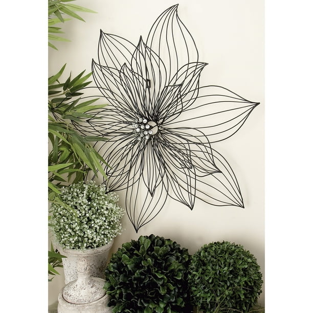 DecMode Modern Black Metal Hibiscus Flower Wall Décor with Crystal