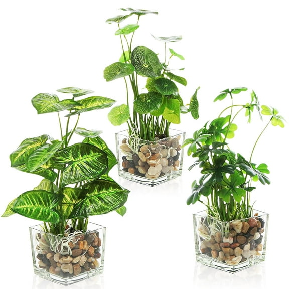 Set of 3 Small Artificial Potted Plants Faux Plants in Clear Glass Pots - Home Decor and Room Decoration Indoor Outdoor