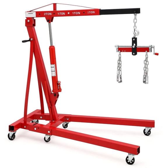 2 Ton Red Folding Engine Hoist, 4000LBS Heavy Duty Shop Crane with Rotating Casters