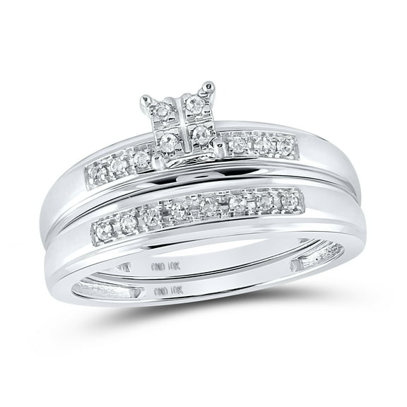 10kt White Gold His & Hers Round Diamond Square Cluster Matching Bridal Wedding Ring Band Set 1/5 Cttw