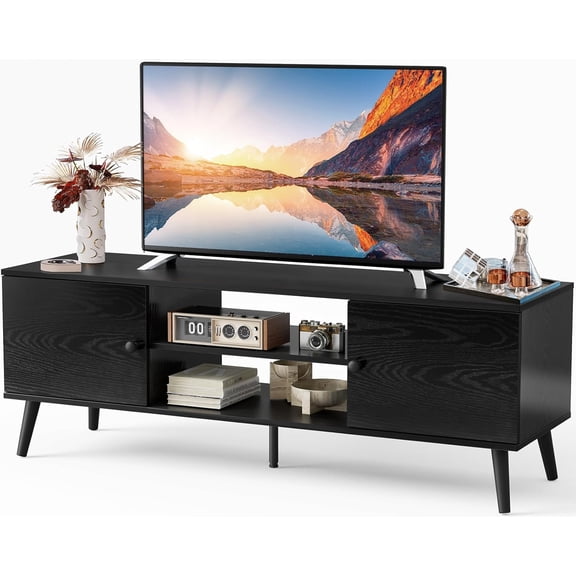 TV Stand for 55 60 inch TV, Modern Mid Century Entertainment Center with Storage, Media Console Table 2 Cabinet, Soft Hinge, Handle Door, Wooden Living Room, Office Furniture, Pure Black