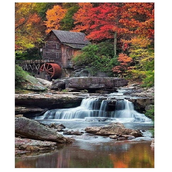 5D Full Drill Diamond Painting - Scenic Autumn Watermill with Waterfall & Colorful Foliage, DIY Rhinestone Art Craft Kit, Perfect for Living Room Bedroom Wall Decoration