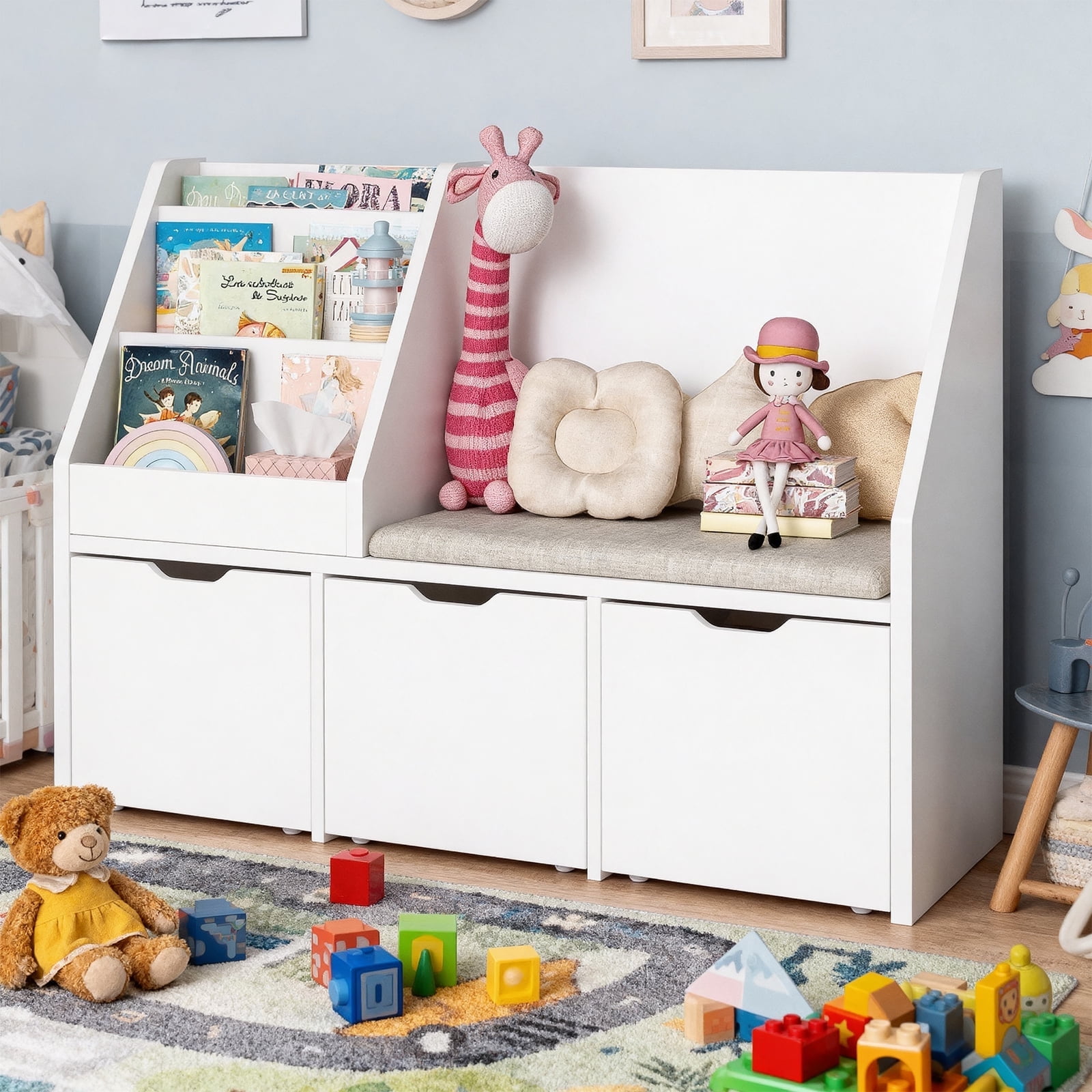Kbun 40in Kids Bookshelf,  Book Wood Storage Organizer with 3 Large Drawers, Toy Storage Organizer for Playroom Bedroom, White