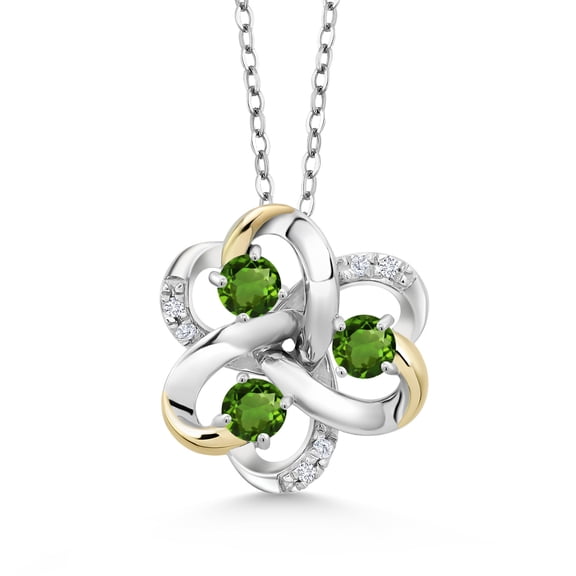 Gem Stone King 925 Silver and 10K Yellow Gold Round Green Tourmaline and White Lab Grown Diamond 3-Stone Pendant Necklace for Women (0.80 Cttw, Gemstone October Birthstone, with 18 inch Chain)