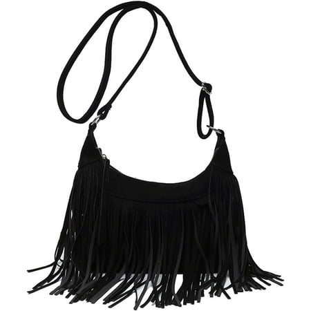 QIUYI Boho Hippie Purses Fringe Tassel Faux Suede Shoulder Messenger CrossBody Sling Bag Country Concert Outfits for Women
