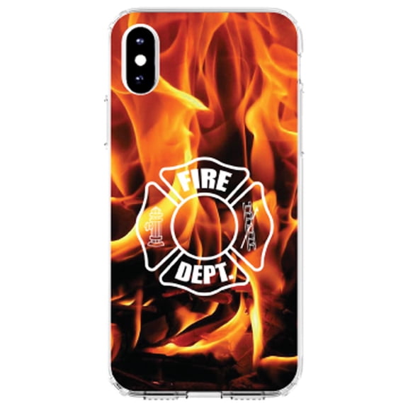 DistinctInk Clear Shockproof Hybrid Case for iPhone XR (6.1" Screen) - TPU Bumper, Acrylic Back, Tempered Glass Screen Protector - Flames Fire Department Maltese Cross - First Responders