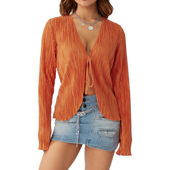 KOMOO Women Ruffle Cardigan Long Flare Sleeve V Neck See Through Cardigan Casual Lace Up Blouse