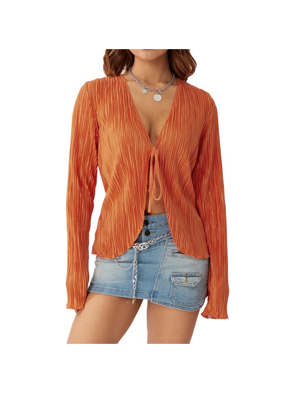 Women Ruffle Cardigan Long Flare Sleeve V Neck See Through Cardigan Casual Lace Up Blouse