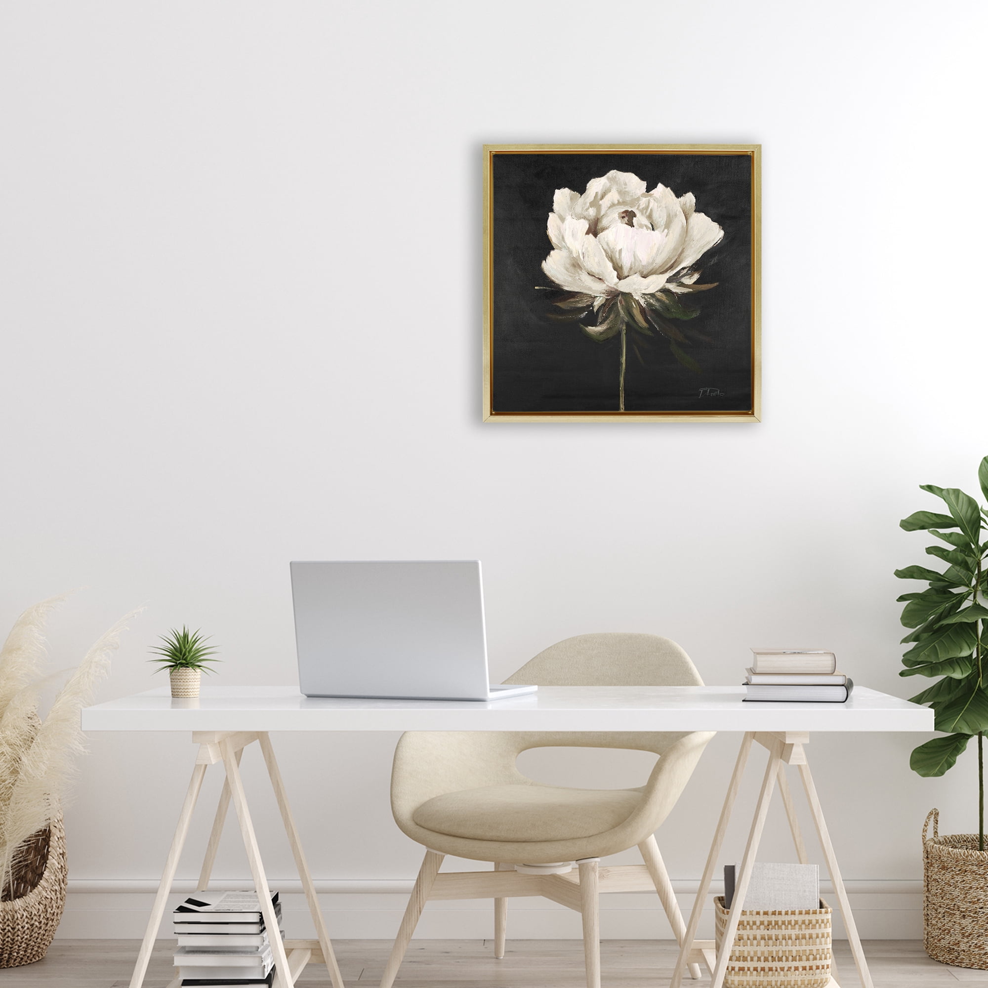 Stupell Industries Pretty Delicate Bloom on Black Gold Framed Floater Canvas Wall Art, design by Patricia Pinto