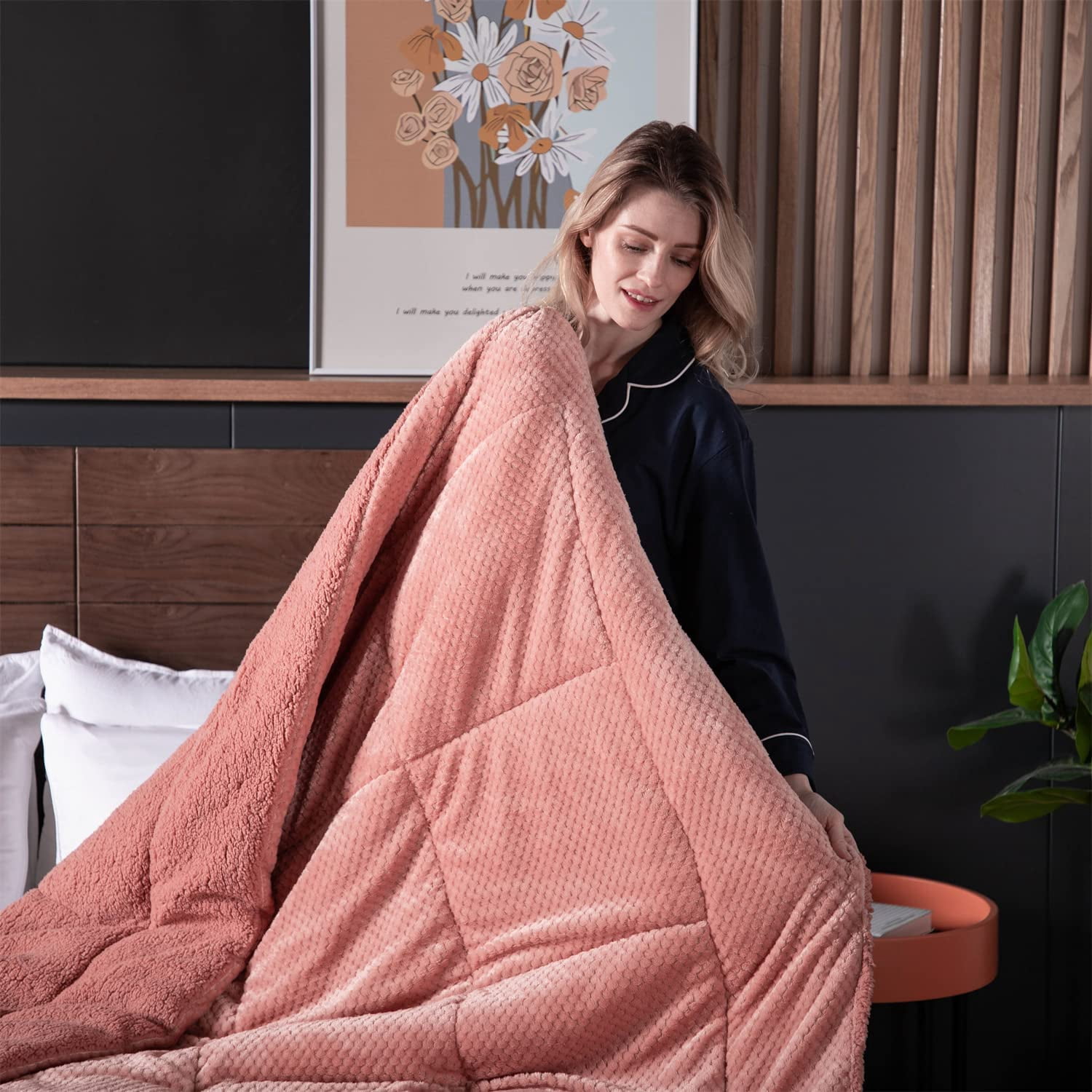 DOMDEC Luxury Flannel Fleece Comforter with Plush Sherpa Back - Faux Fur Blanket, Winter Warmth, Rose Pink Queen Size 90x90 Inches