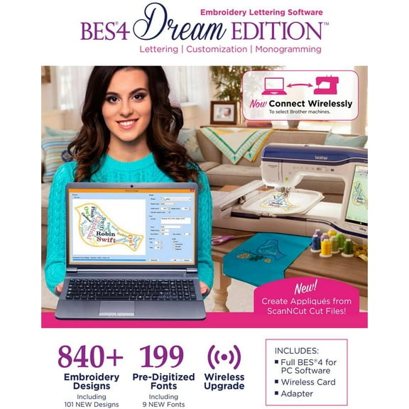 Brother BES4 Dream Embroidery Lettering Monogram PC Software, Includes Wireless Card Upgrade Kit, Simply Applique and Initial Stitch Modules SABESLET4