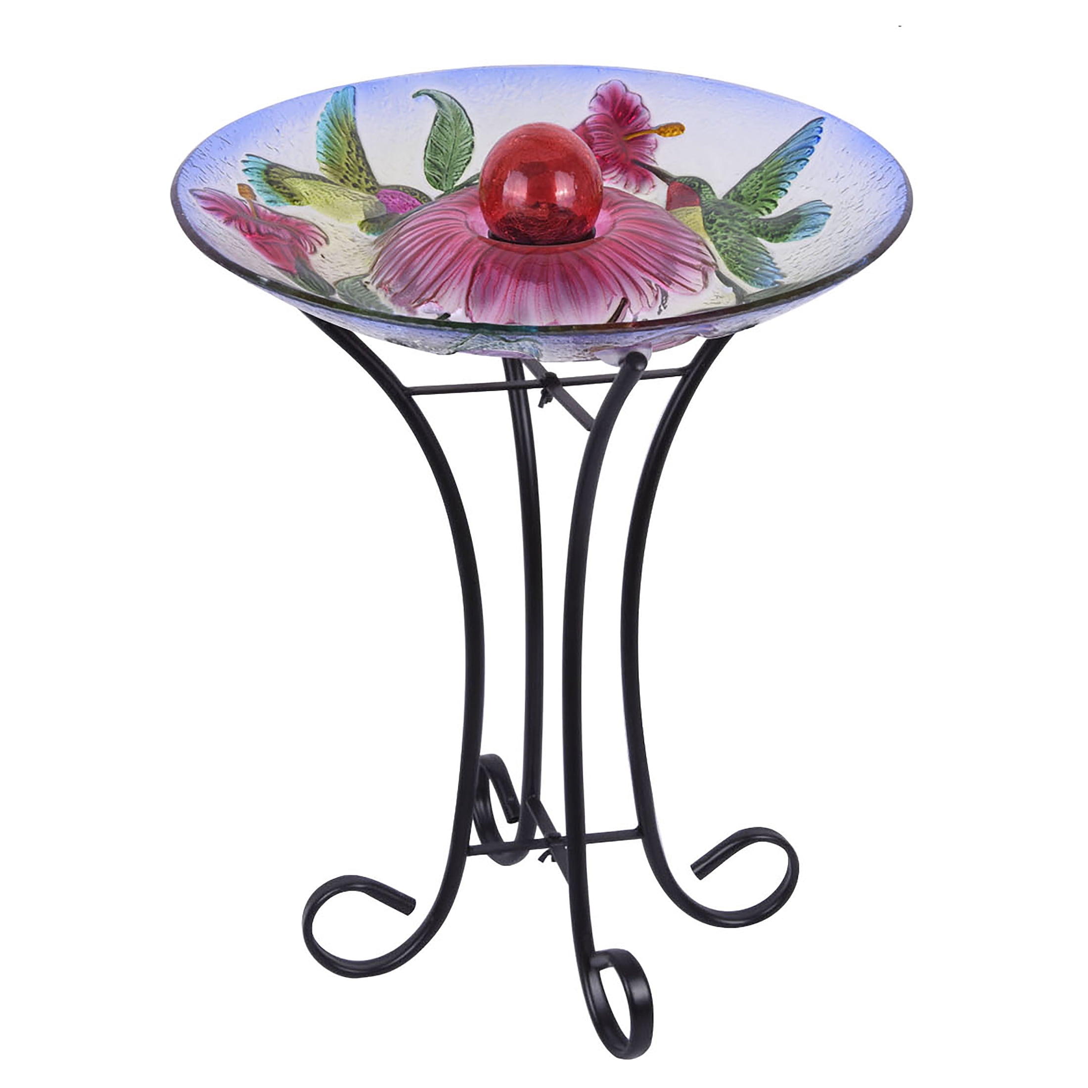 SOLAR ORB FLORAL GLASS HUMMINGBIRD BIRD BATH WITH STAND