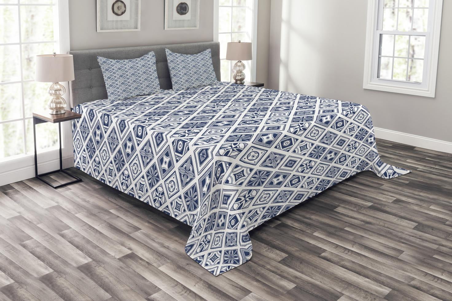 Navy Blue Bedspread Set Queen Size, Mediterranean Traditional Art