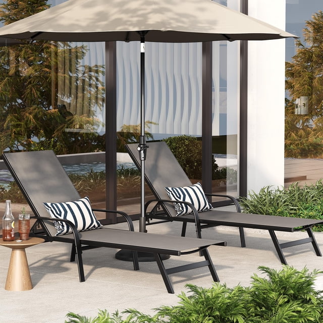 Outdoor Lounge Chairs – Set of 2 Ergonomic Adjustable – 5-Position Reclining Patio Chaise – Breathable Textilene, Weather-Resistant Iron Frame – for Garden, Poolside, Balcony & Backyard – Dark Gray