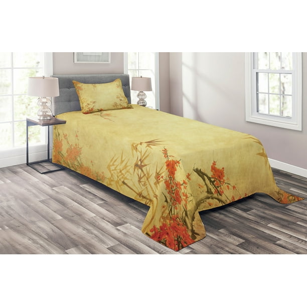 Bamboo Coverlet Set, Bamboo Stems and Blooming Flower Antique Grunge