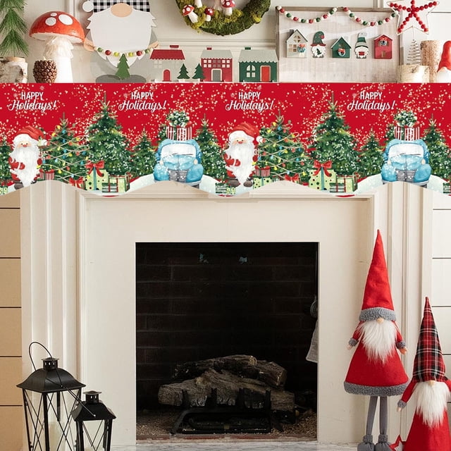 Christmas Fireplace Mantle Scarf with Holiday Patterns - Multicolor Fabric Banner for Home Decor - Features Snowman, Santa, and Snowflake Designs - Easy to Clean and Reusable
