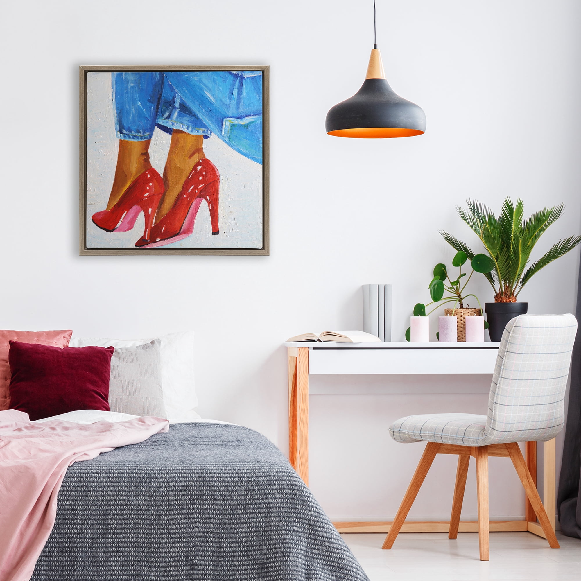 Stupell Industries Glossy Red Pumps & Jeans Brown Framed Floater Canvas Wall Art, design by Violeta Vollmer