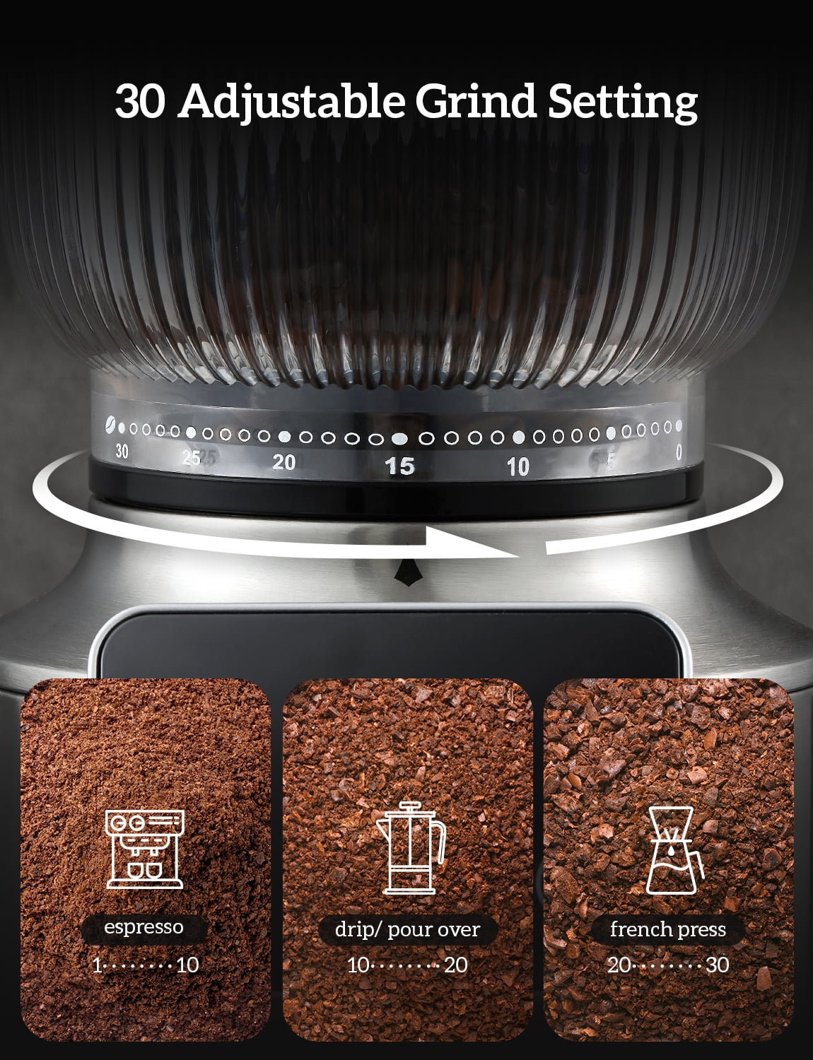 Neretva Burr Coffee Grinder Electric with Portafilter Cradle Coffee Bean Grinder 30 Precise Setting & LED Control Panel