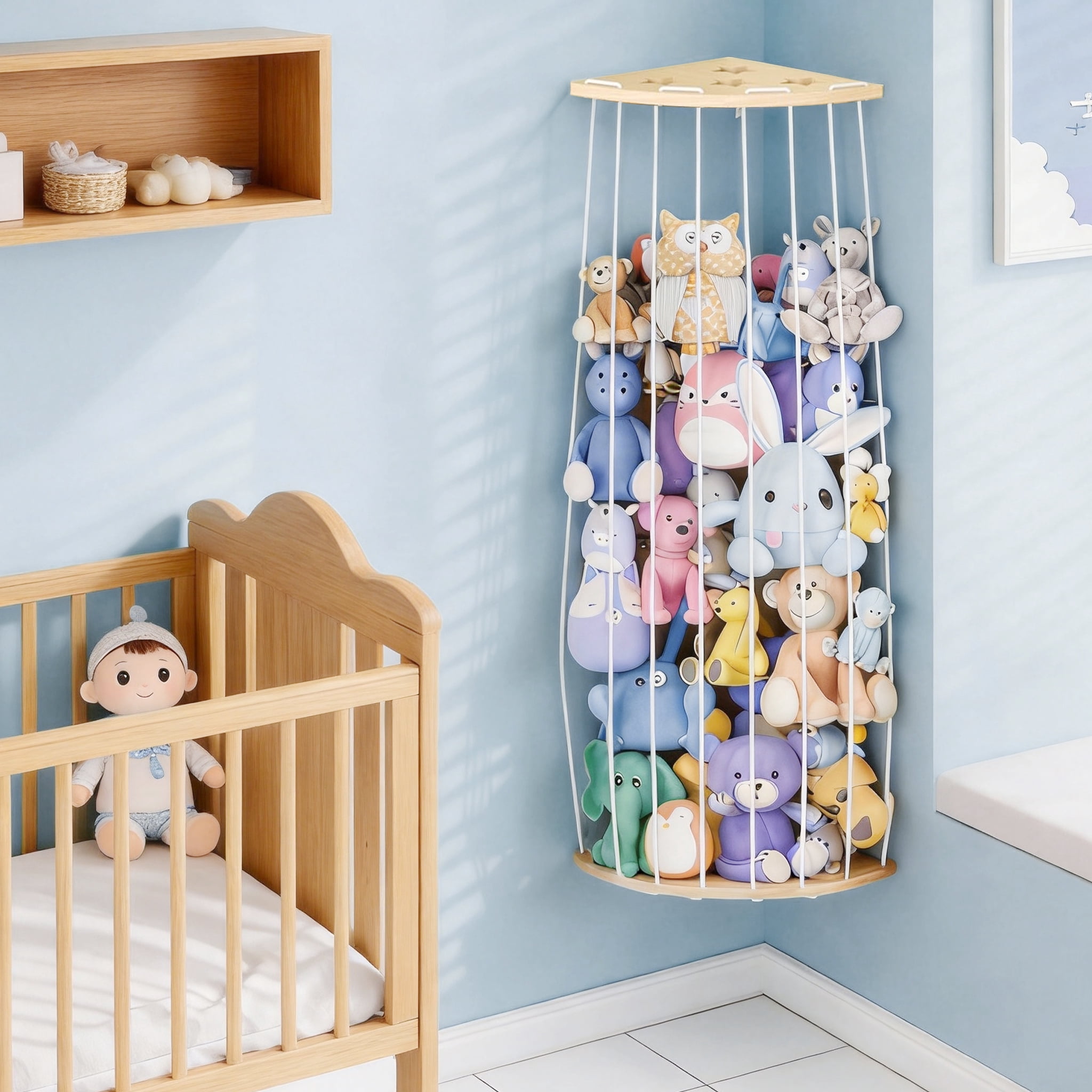 GARITIN Corner Stuffed Animal Storage, Adjustable Plush Toy Holder for Kids Bedroom Playroom Nursery
